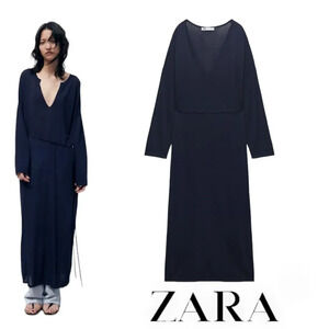 ZARA  | Navy | BELTED KNIT MIDI DRESS